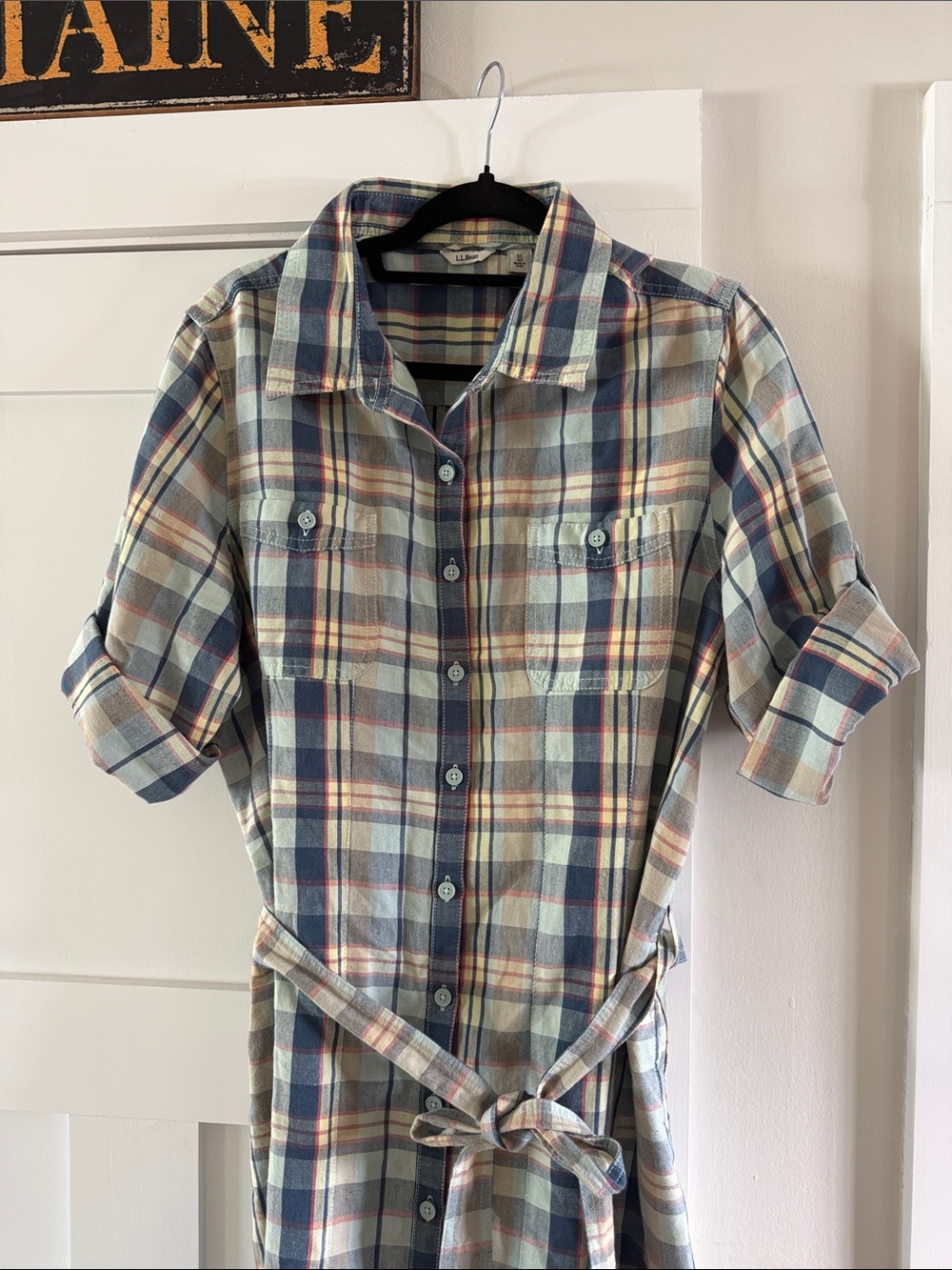 LL Bean linen cotton plaid shirtdress